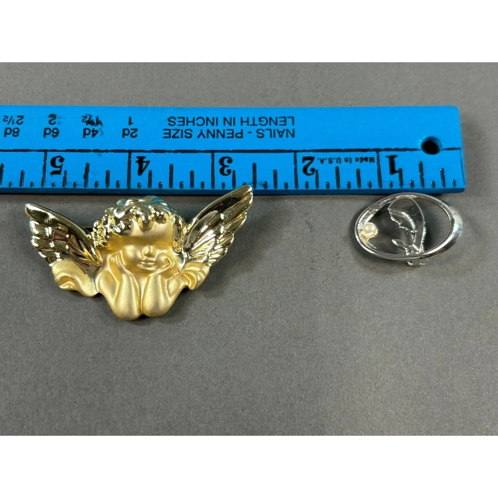 Vintage Angel Cherub Brooch Gold Tone & Virgin Mary Pin Silver Tone Pearl Set